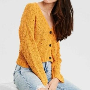 **DONATED**AEO Mustard Mixed-Knit Textured Boho Cropped Cardigan